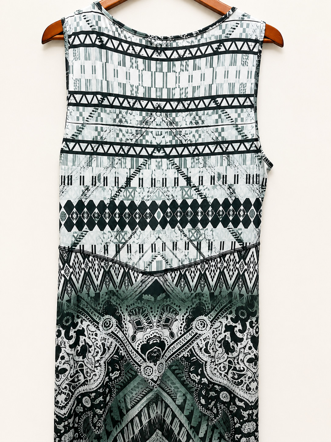 Style & Co Maxi Dress Womens L Black Teal Geometric Boho Sleeveless Stretch