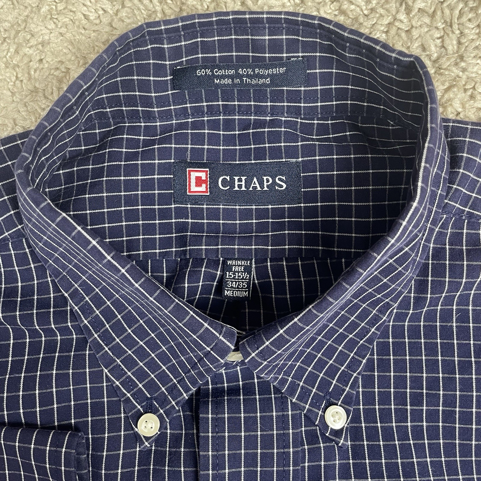 Chaps Shirt Men’s Medium Long Sleeve Button Down Blue Plaid Wrinkle Free