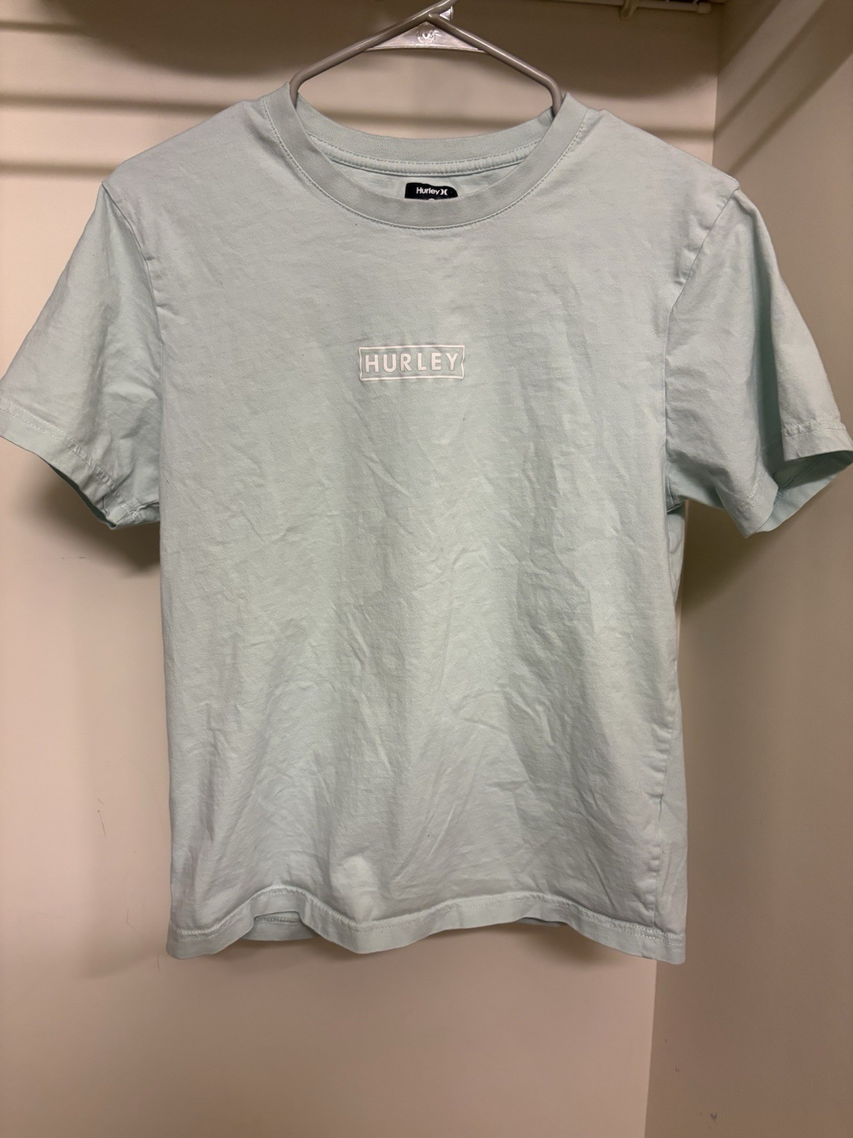 Hurley Men’s Light Blue Solid Crew Neck Short Sleeve Logo Cotton Tee M 00912