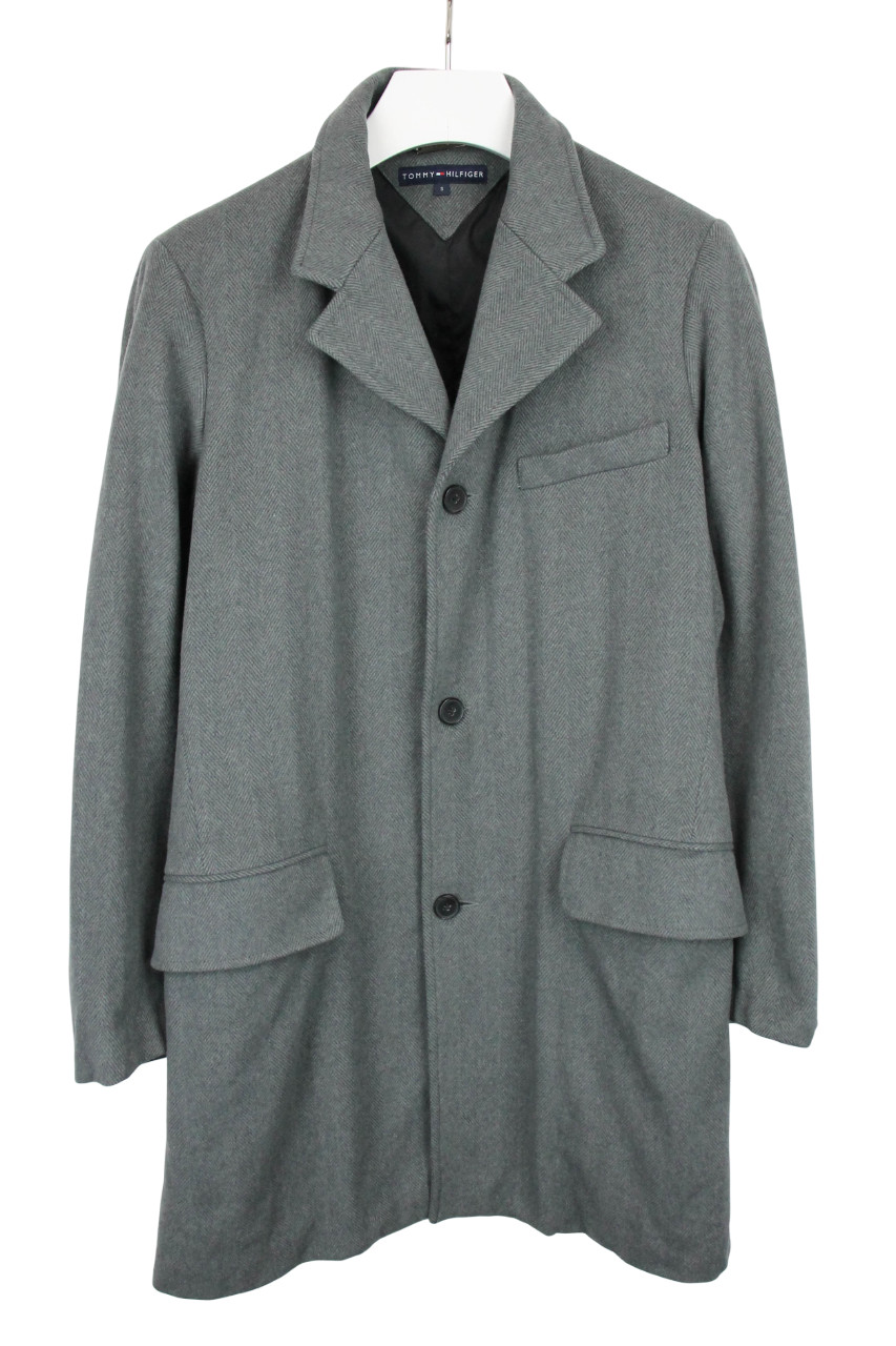 Tommy Hilfiger Coat Mens Small Wool Blend Single Chest Medium Length Herringbone