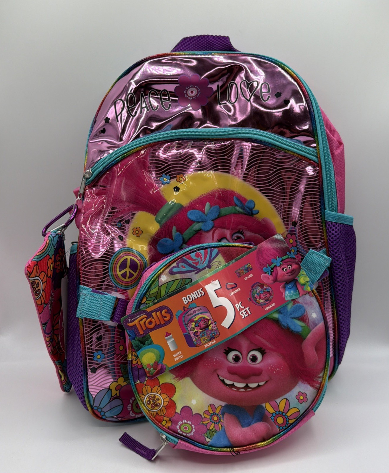 Trolls 5-Pc Backpack Set with Water Bottle, Lunch Bag, Pencil Case, Carabiner