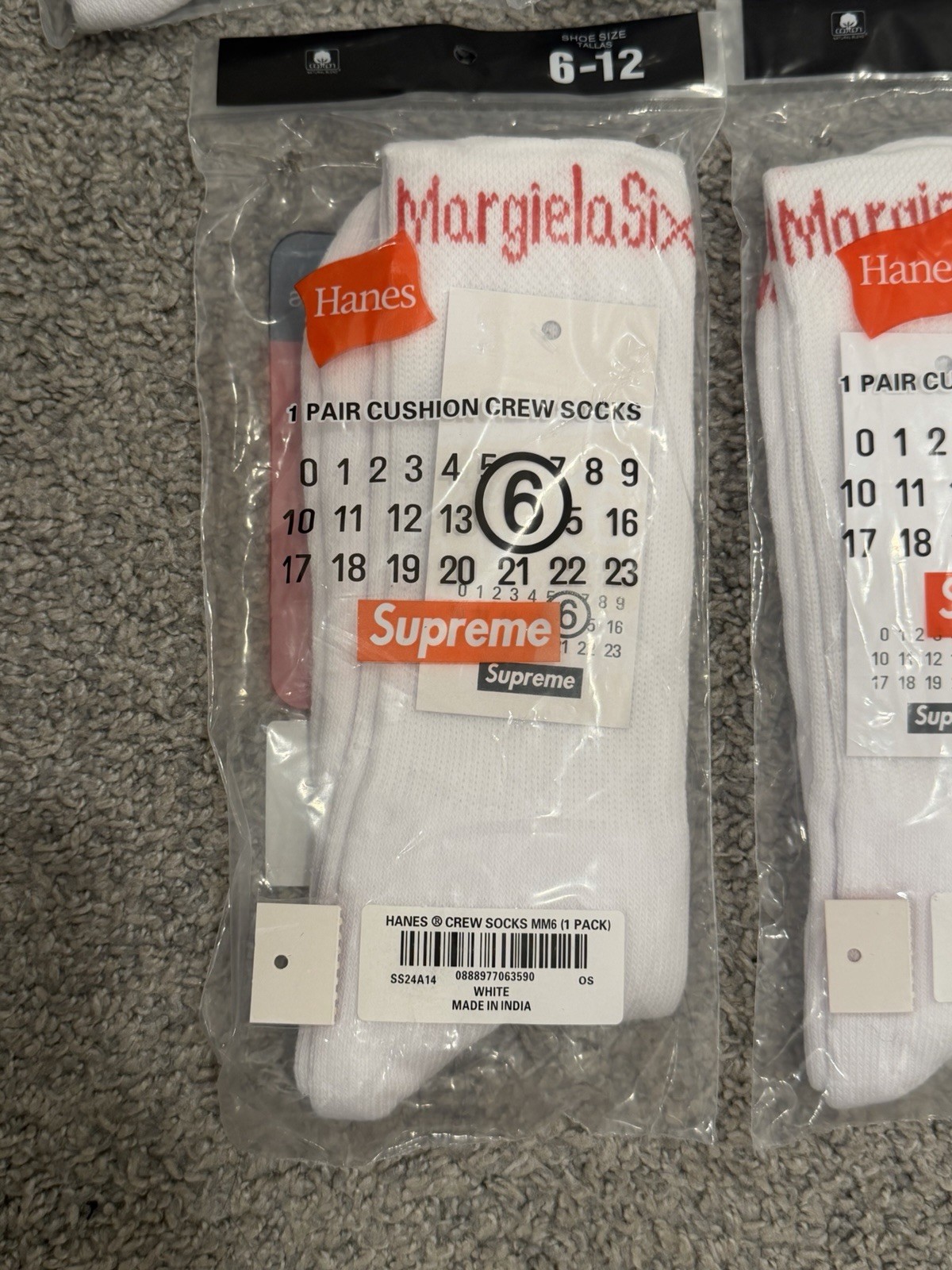 Supreme x MM6 Maison Margiela Hanes Crew Socks White 🔥🧦✨ 1 Pack Free Shipping