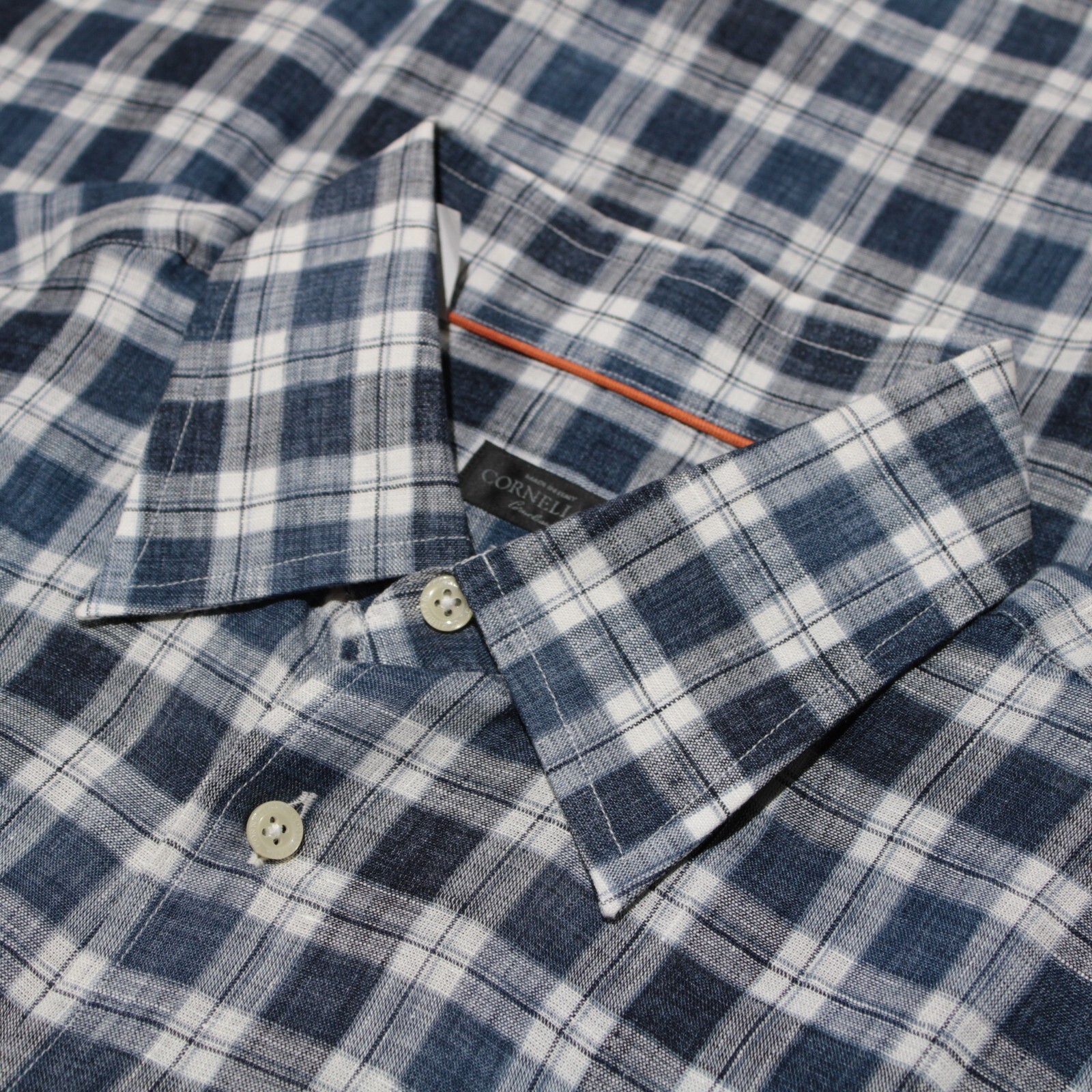 Corneliani NWT Casual Button Down Shirt Size M In Blue Plaid Linen