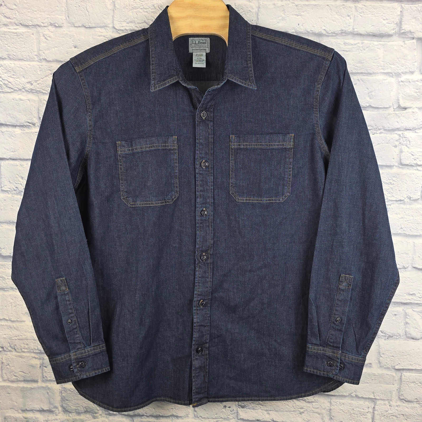 LL Bean Mens Beanflex Dark Blue Slightly Fitted Denim Button Shirt Stretch Sz XL