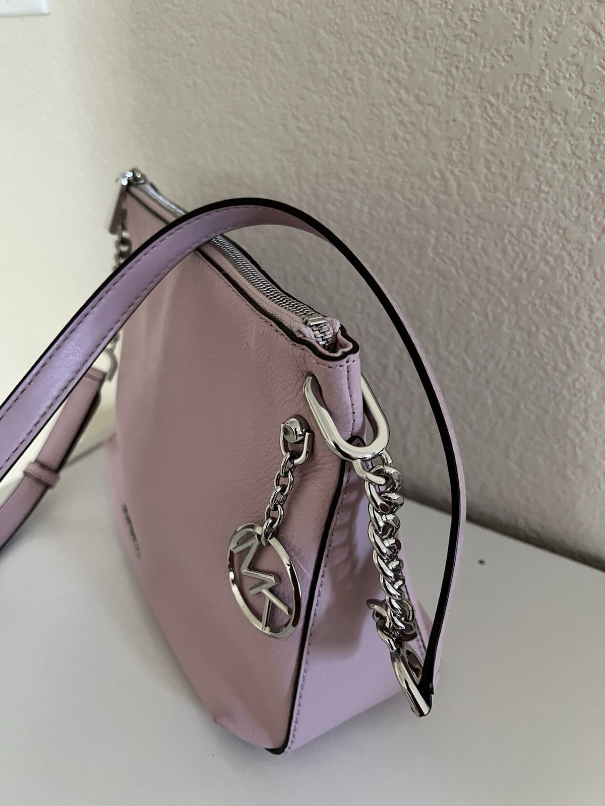 Michael Kors Pink Pebbled Zip Top Crossbody Bag, Adjustable Strap, Charm