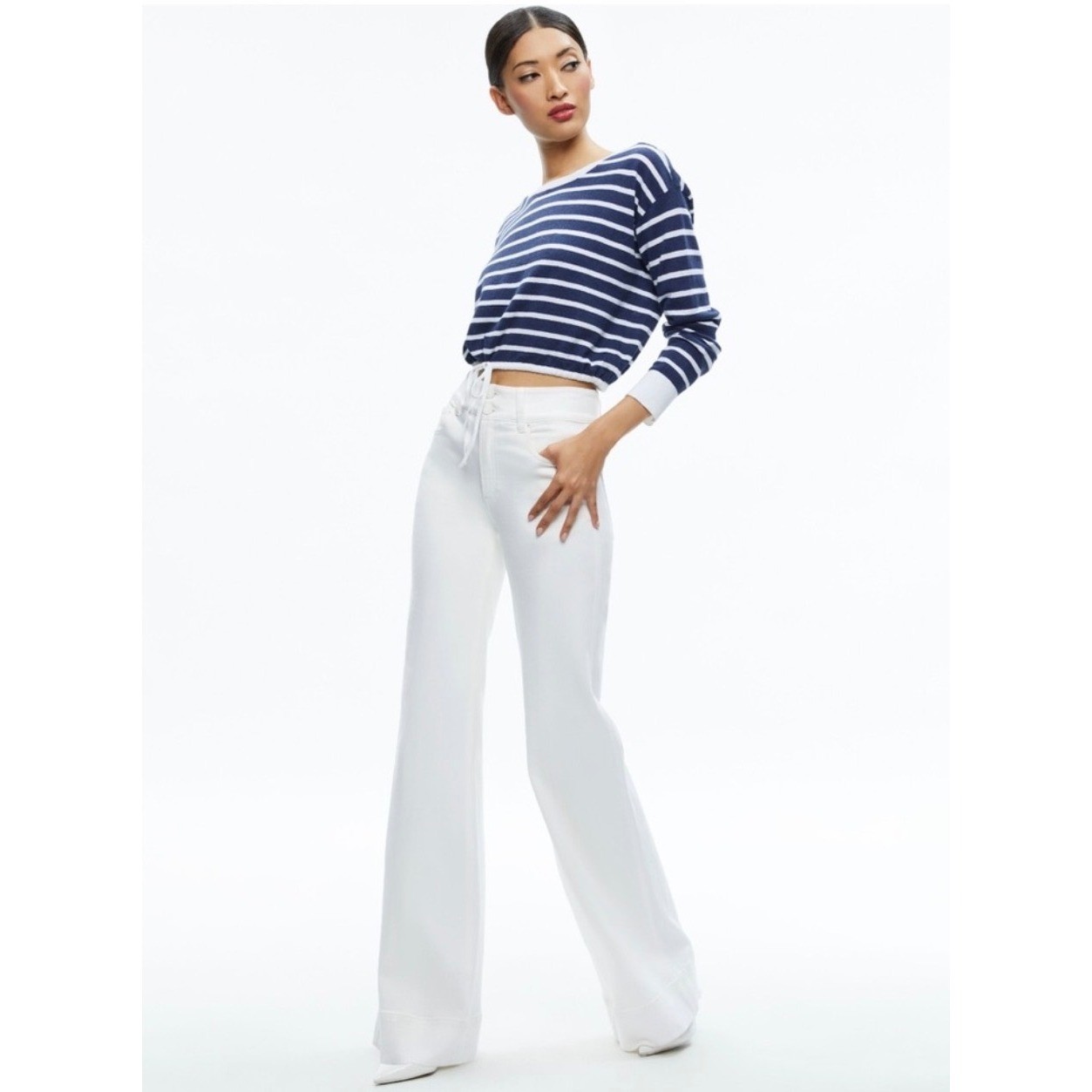 Alice + Olivia Navy Bernetta White Blue Stripe Linen Cotton Crop Sweater Small