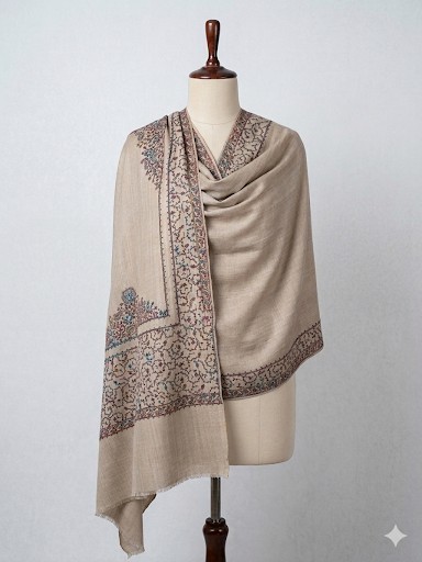 Kashmiri Embroidered Pashmina Shawl / Wrap Beige color hand made size 80″.x 29″.