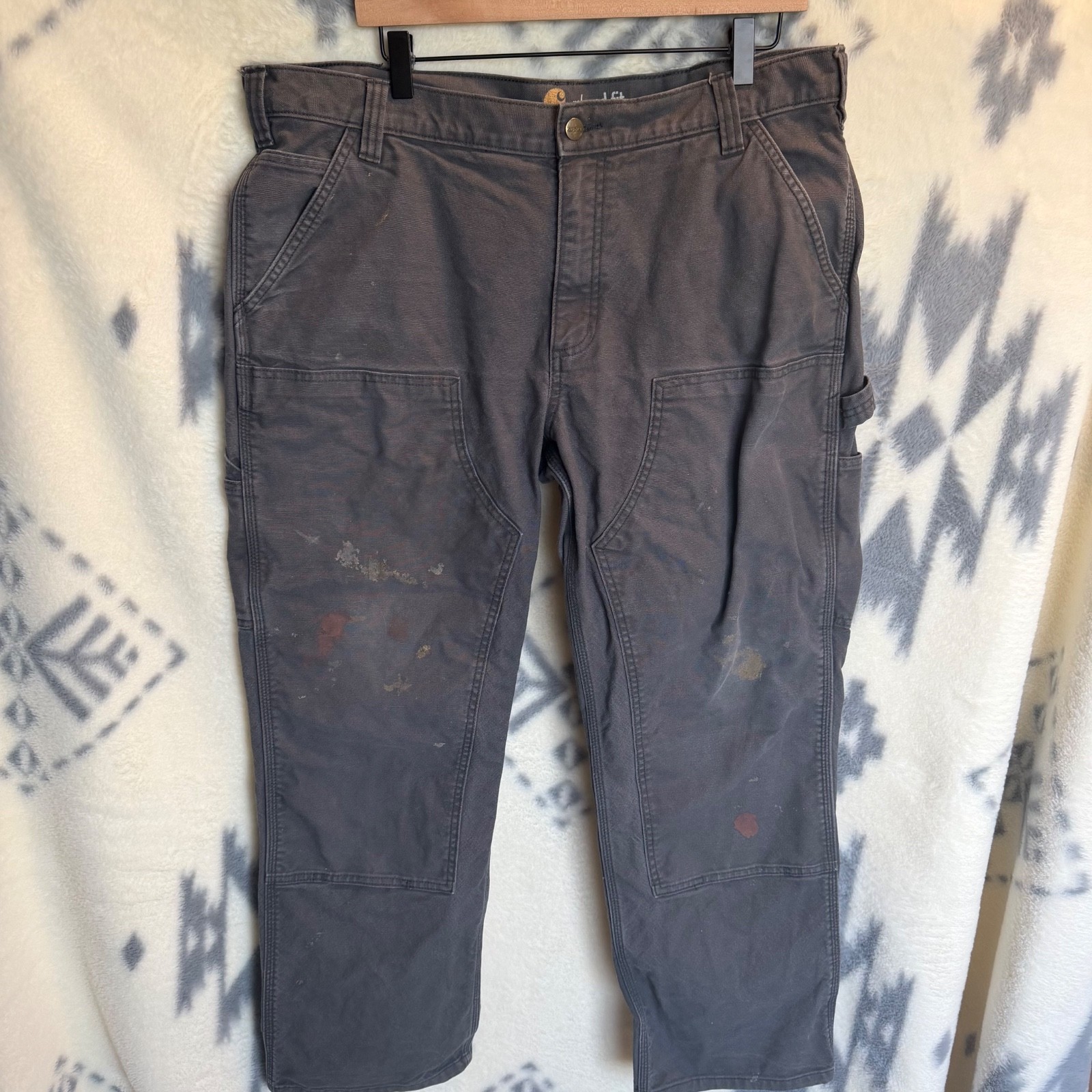 Carhartt Double Front Pants Men’s 38×30 Gray Distressed Workwear Paint Stained