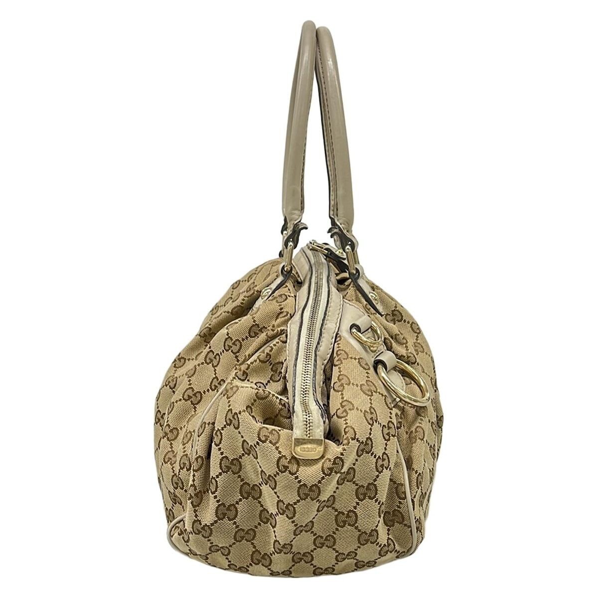 GUCCI GG Pattern Jacquard Leather Handbag Beige Brown Ivory Auth