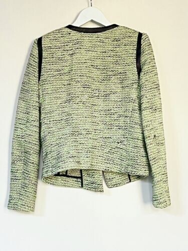 Sandro Green Tweed Jacket with Black Leather Trim – Size 36 (UK 8)