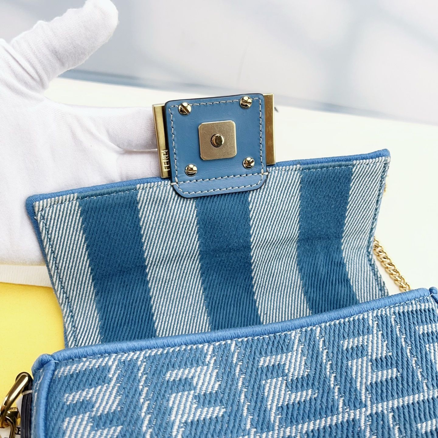 Fendi Baguette Mini Limited Edition Blue Chenille GHW Chain Shoulder Bag Rare