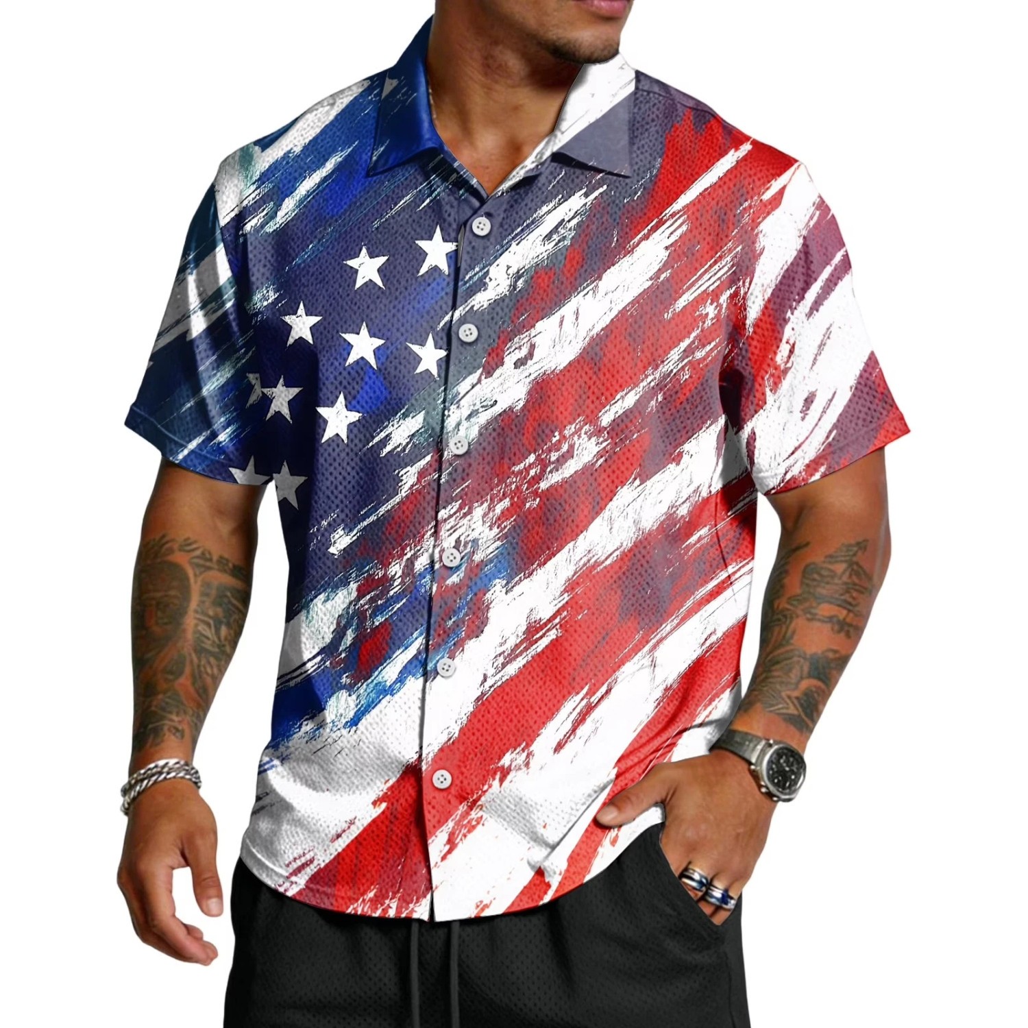 American Flag Hawaiian Shirt Men Patriotic 250th Anniversary 4th Of July Button