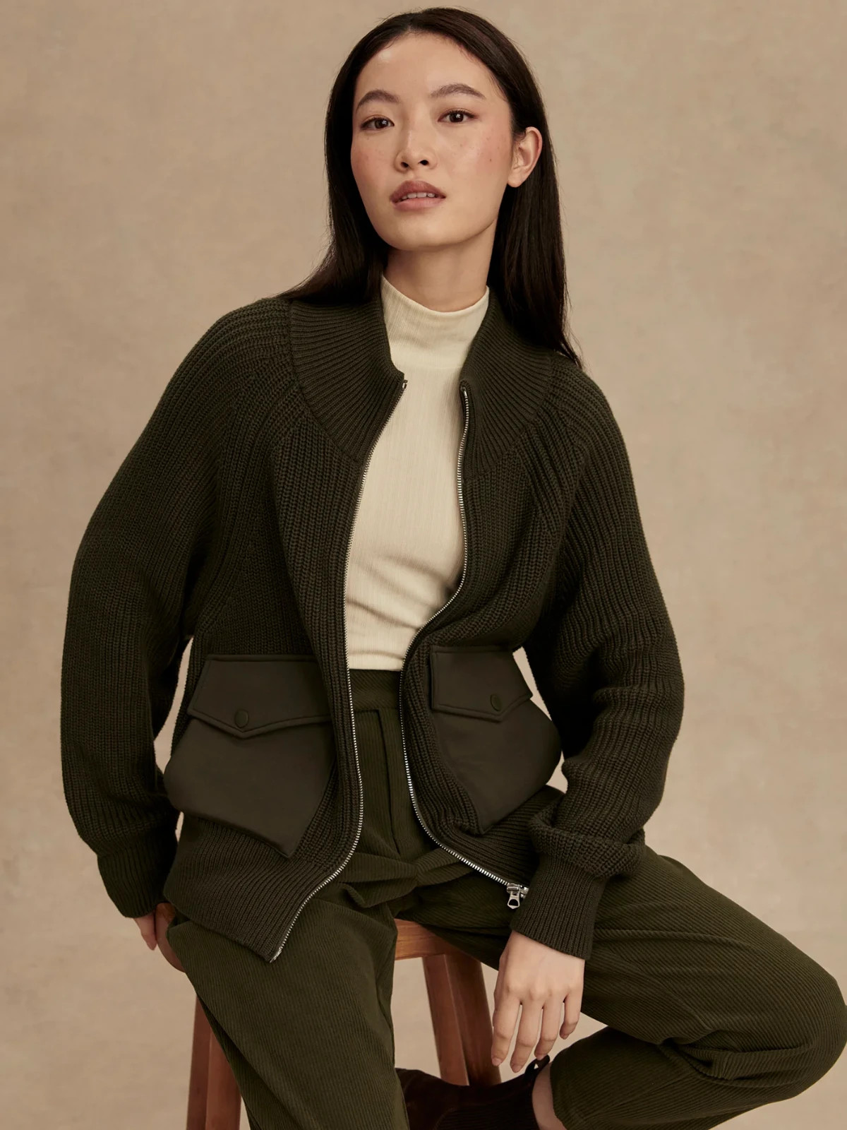 Varley Tessa Zip-Through Knit Jacket in Forest Night, Size Medium