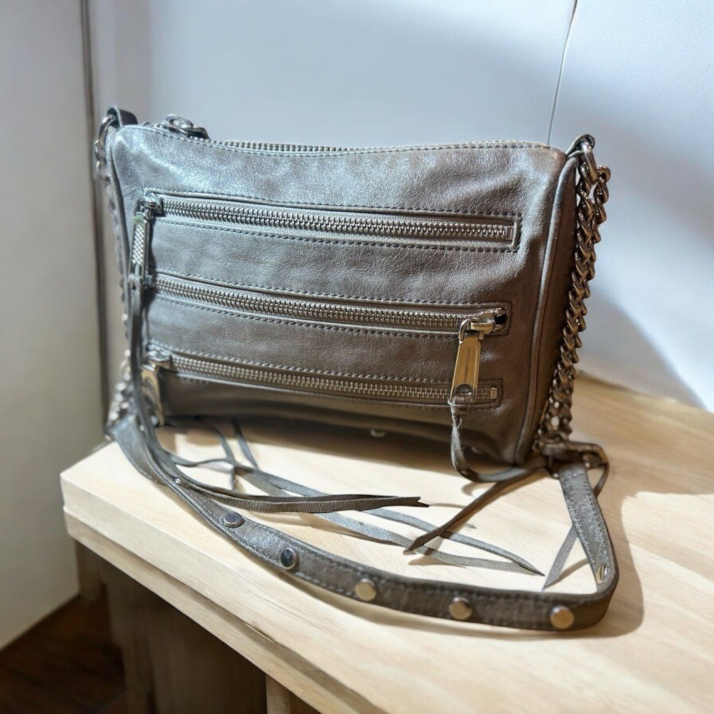 Rebecca Minkoff Mini MAC Crossbody Bag Grey Leather Studded Chain Strap Purse