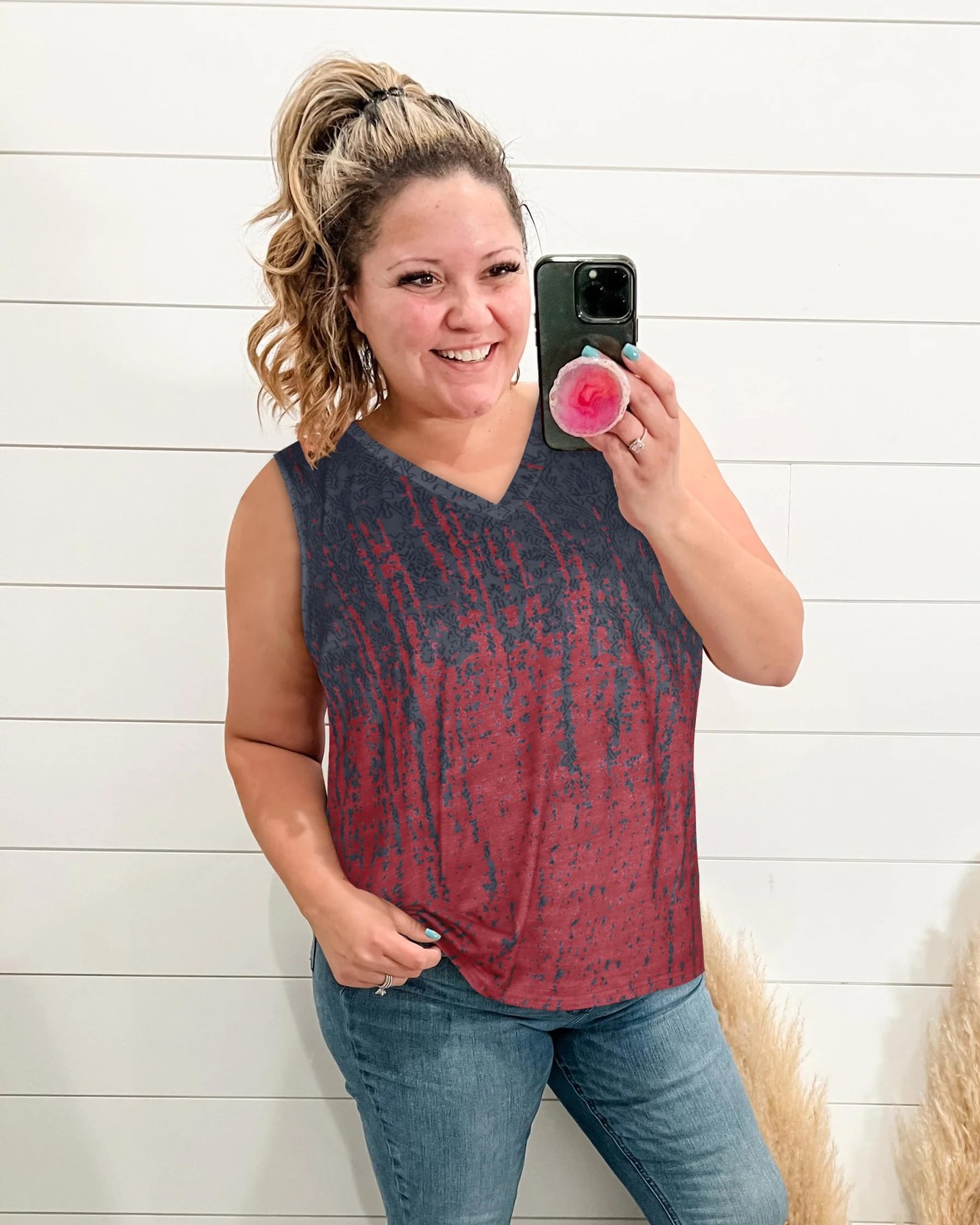 JOELLYUS Summer Sleeveless Tops Plus Size Tanks 5X-Large, Black Red Tie Dye
