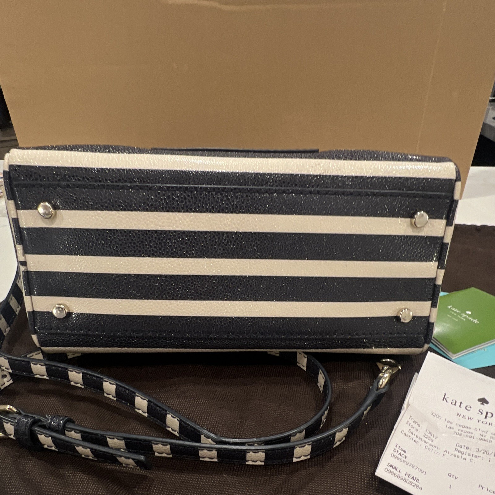 kate spade new york Black/Pebble Striped Satchel Zip, Detachable Strap, Dust Bag