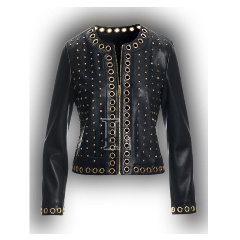 Handmade Women Black Studded Genuine Cowhide Leather Jacket, Collarless Jacket