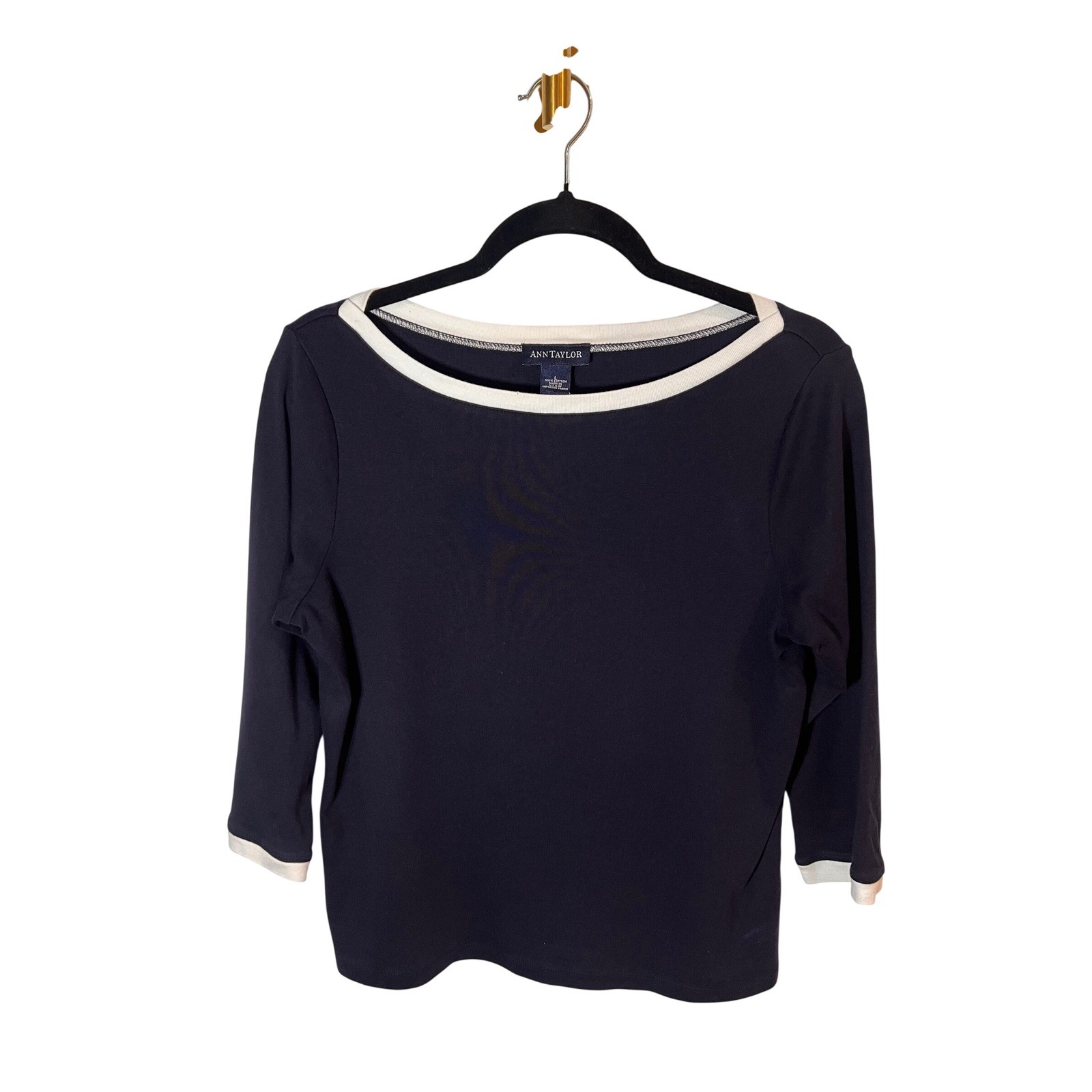 Vintage Ann Taylor Nautical Navy Blue 3/4 Sleeve Boat Neck Contrast Trim- Large