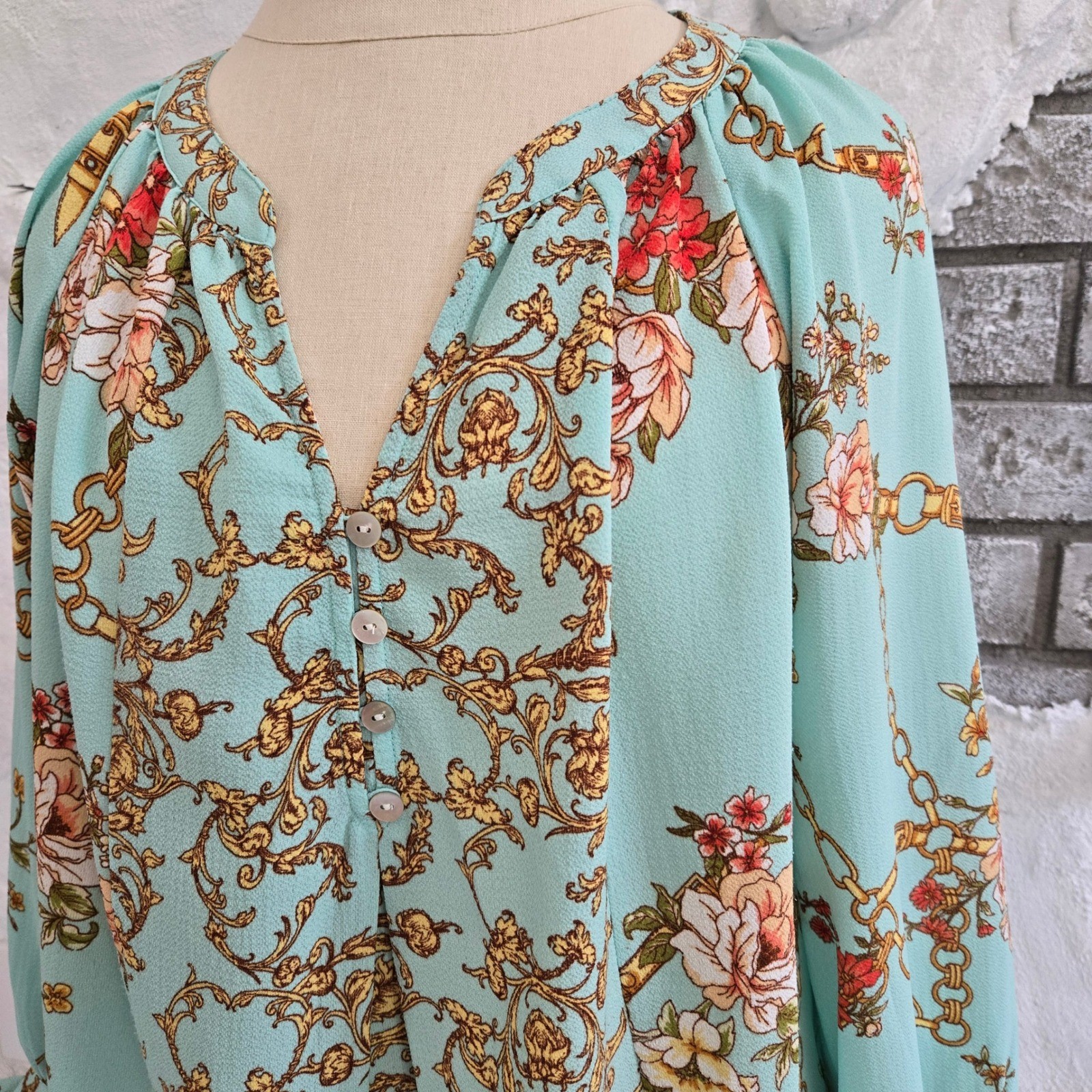 Fig and Flower Peasant Romantic Boho Floral Chain Baroque Tie Cuff Blouse Size M