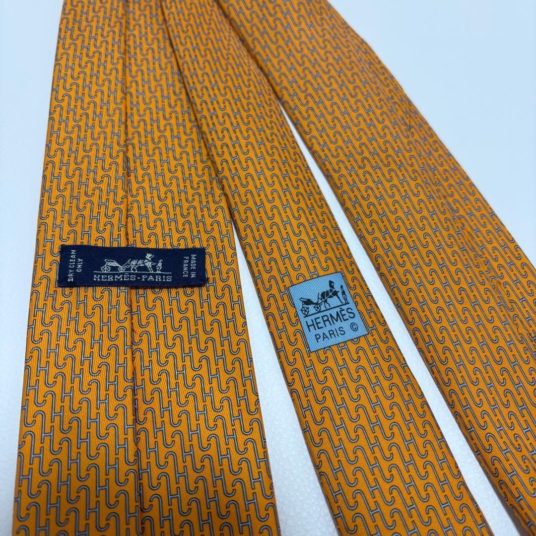 HERMES Tie H Pattern Orange Silk Made in France 8cm