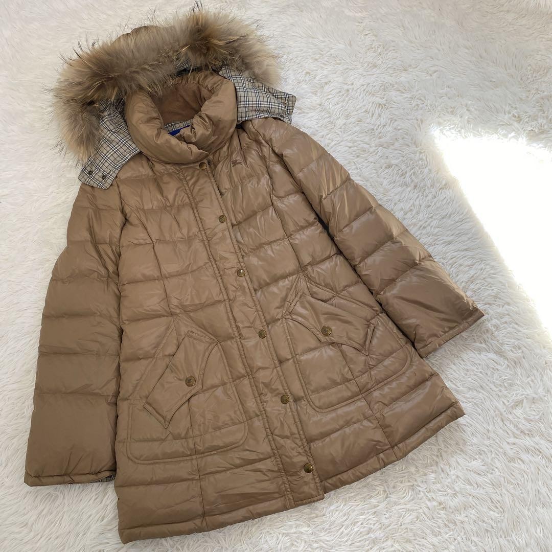 Burberry Blue Label down coat with raccoon Nova check pattern size 38
