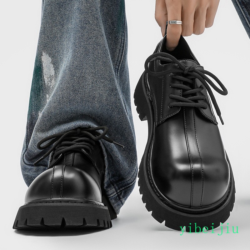 Men’s Retro Big Round Toe Business Derby Leather Shoes Thick Sole Brogues Gothic