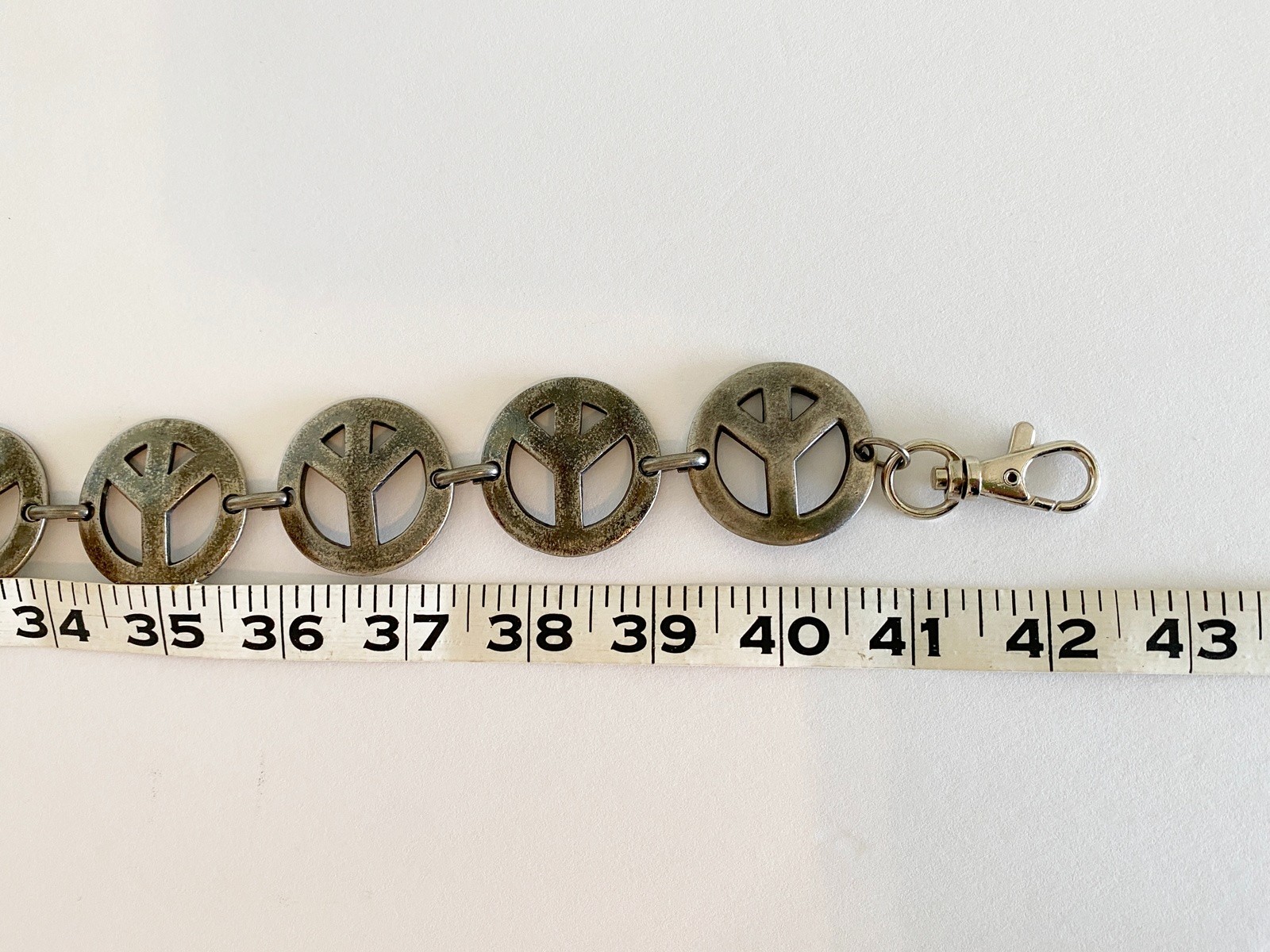 Vintage Peace Sign Belt 43 in Chain Silvertone Metal Unisex Hippie Boho Groovy