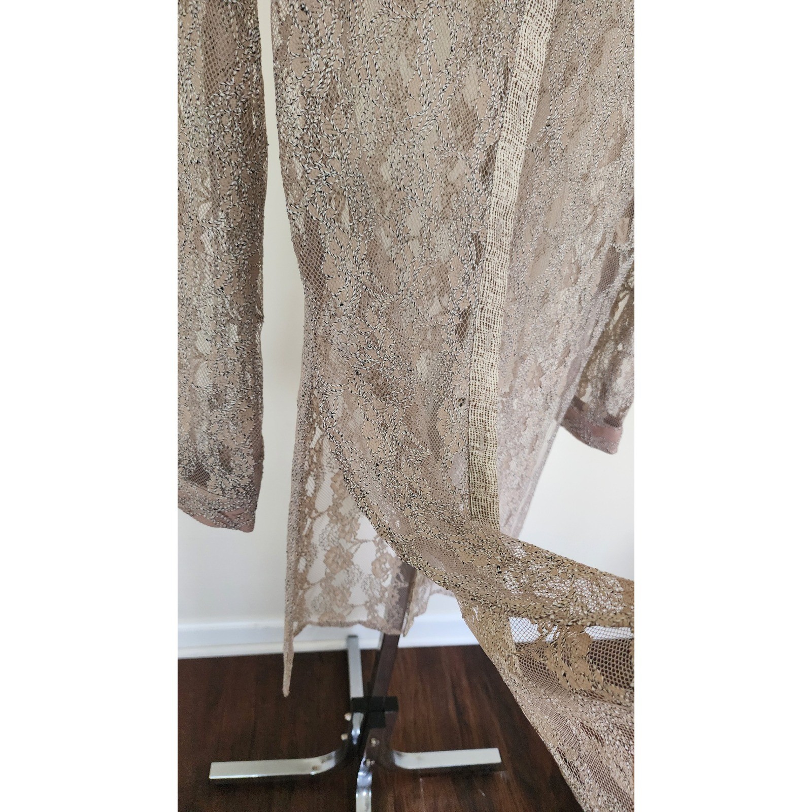 Mystree Women Beige Metallic Lace Sheer Button Down Cardigan Quiet Luxury