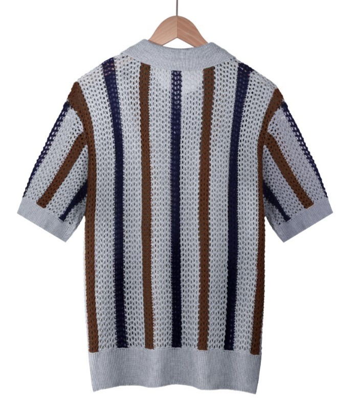 Men’s V-Neck Collared Knit T-Shirt Hollow Out Striped Short Sleeve Tee