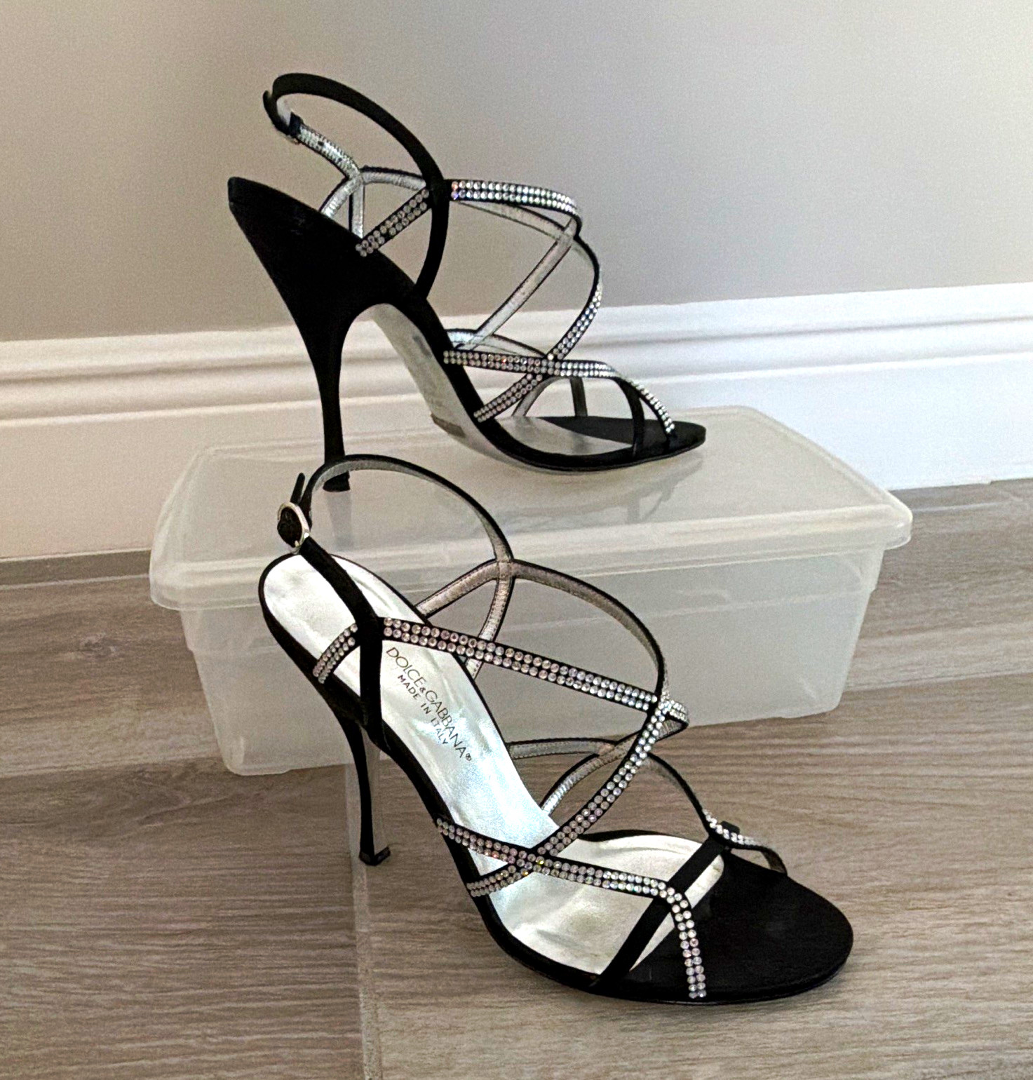Dolce & Gabbana Black Silk Blend Leather Strappy Rhinestone Buckle US 9