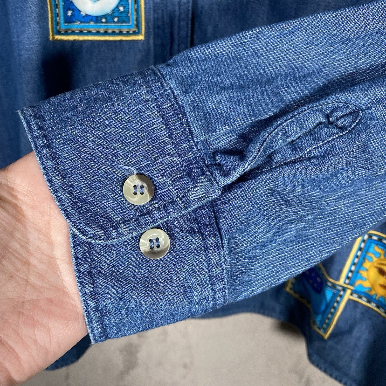 VTG Quacker Factory Denim Shirt Plus 2X Celestial Sun Moon Stars Patches Artsy