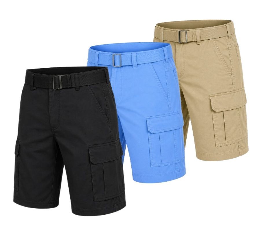 Men’s Cotton Stretch Twill Cargo Shorts with Belt (3-Pack)