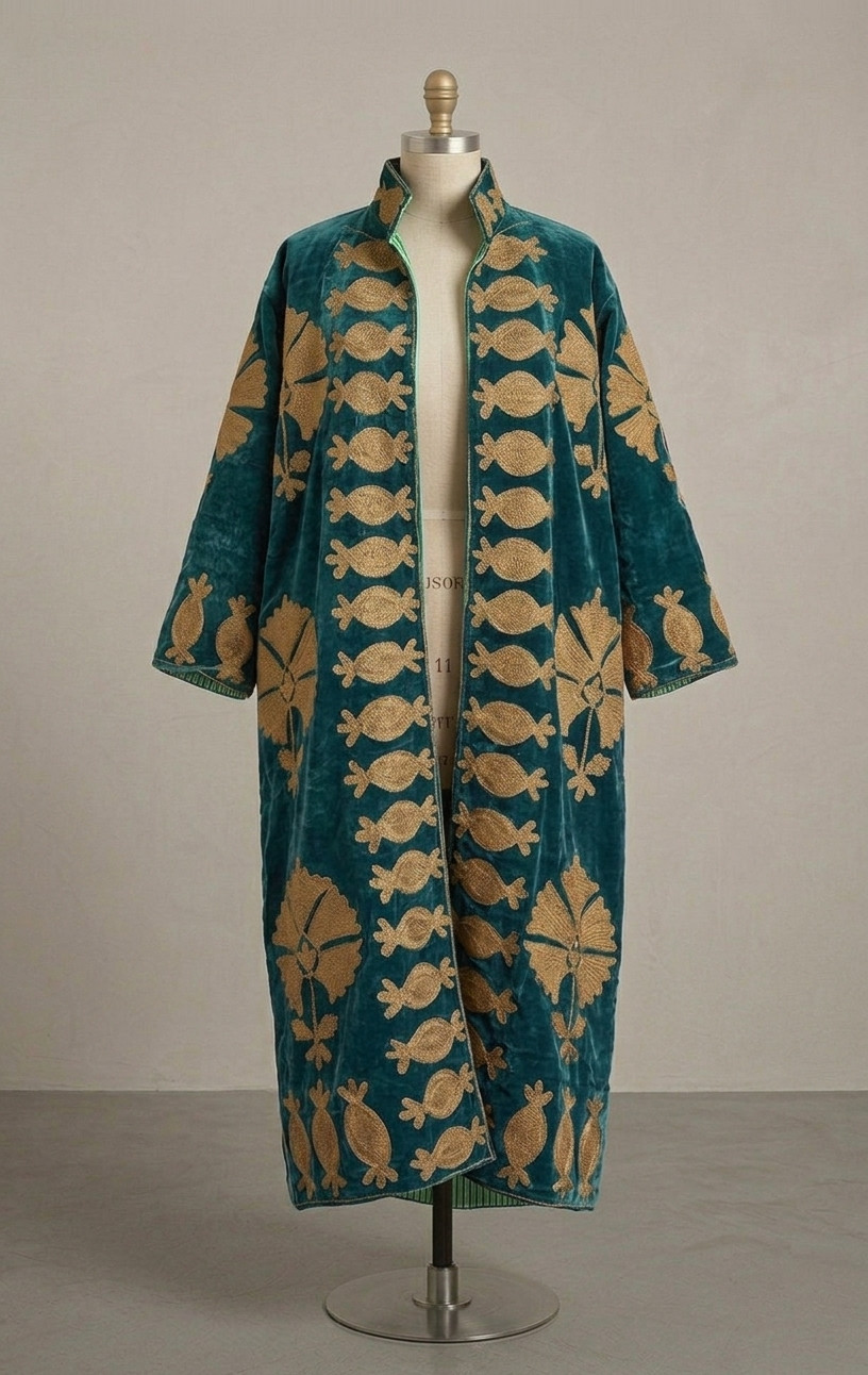 Emerald Velvet Gold Embroidered Long Coat Duster Jacket Open Front Boho Robe