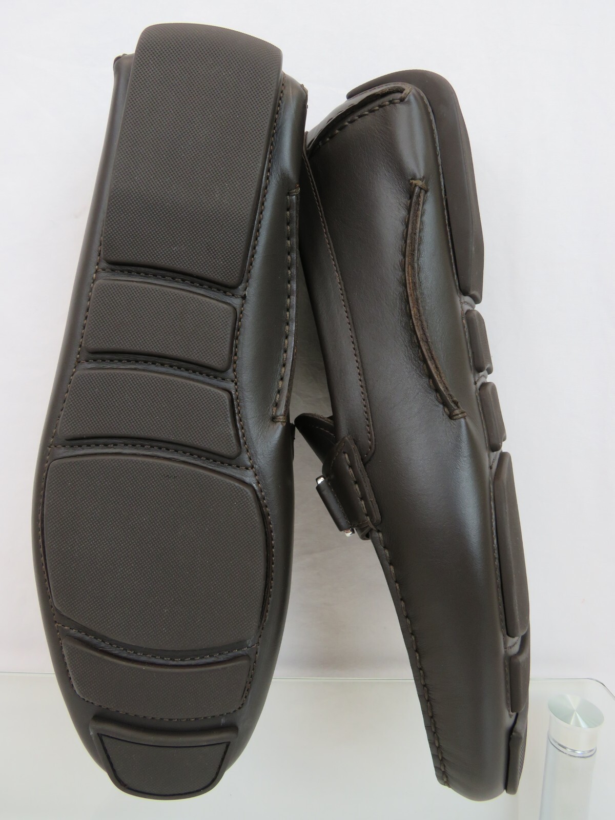 BALLY DRULIO DARK BROWN CHOCOLATE LEATHER METAL LOGO DRIVING LOAFERS US 12 D