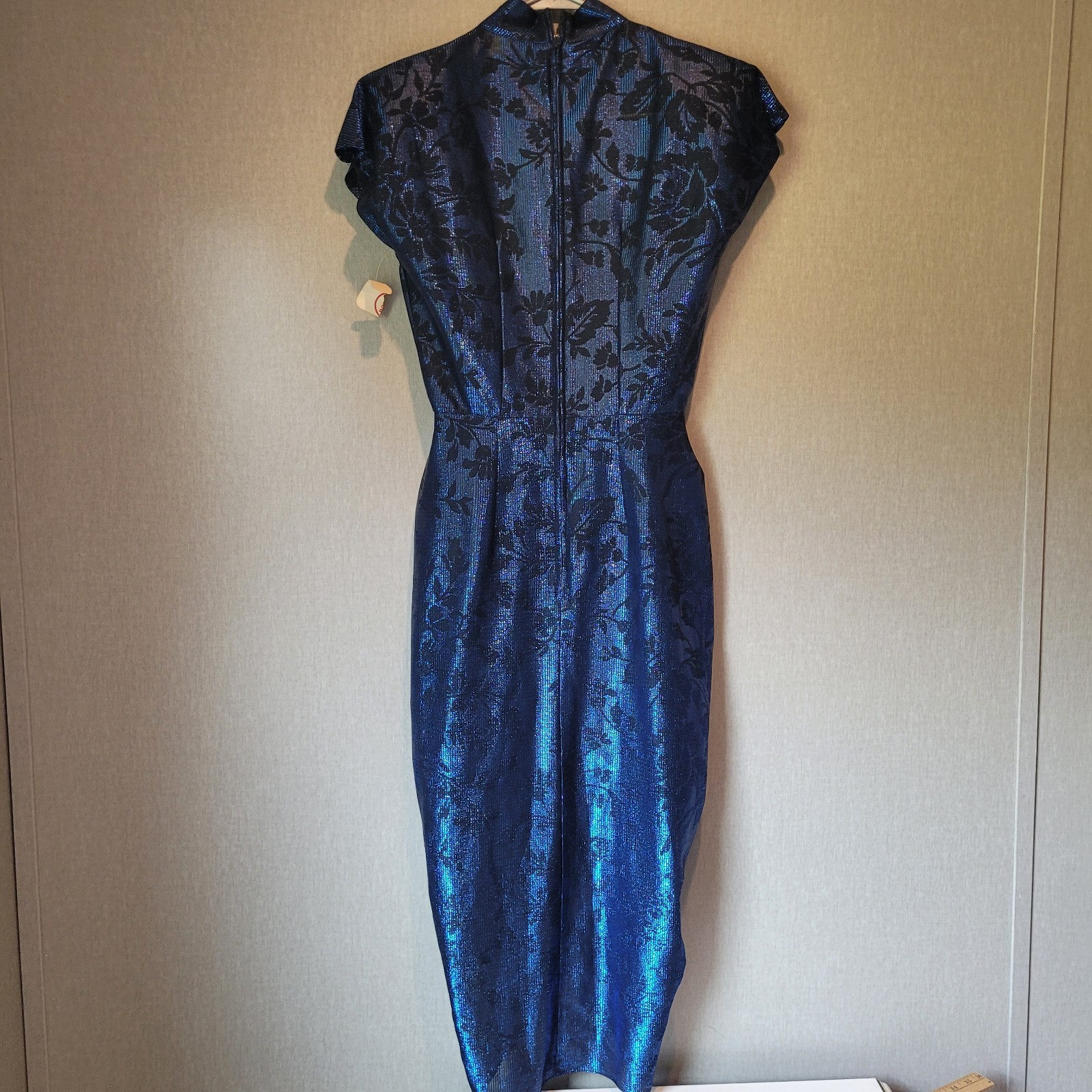 NWT VTG 80s Wayne Diamond Metallic Blue Mock Neck Tulip Midi Dress 5/6
