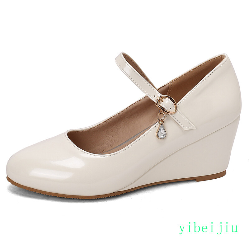 Women’s Mid Wedge Heels Mary Jane Shiny Leather Dress Wedding Shoes Rhinestone