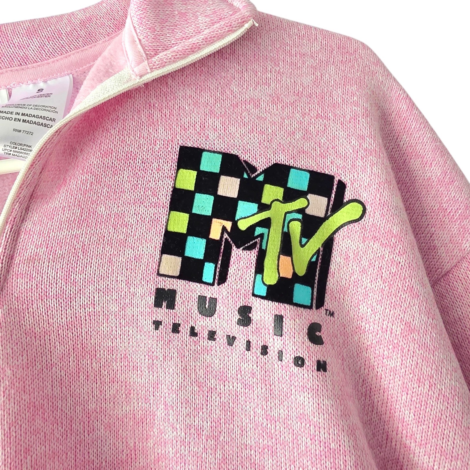 MTV Quarter Zip Sweatshirt Women’s Small Pink Fleece NWT Retro Graphic Pullover