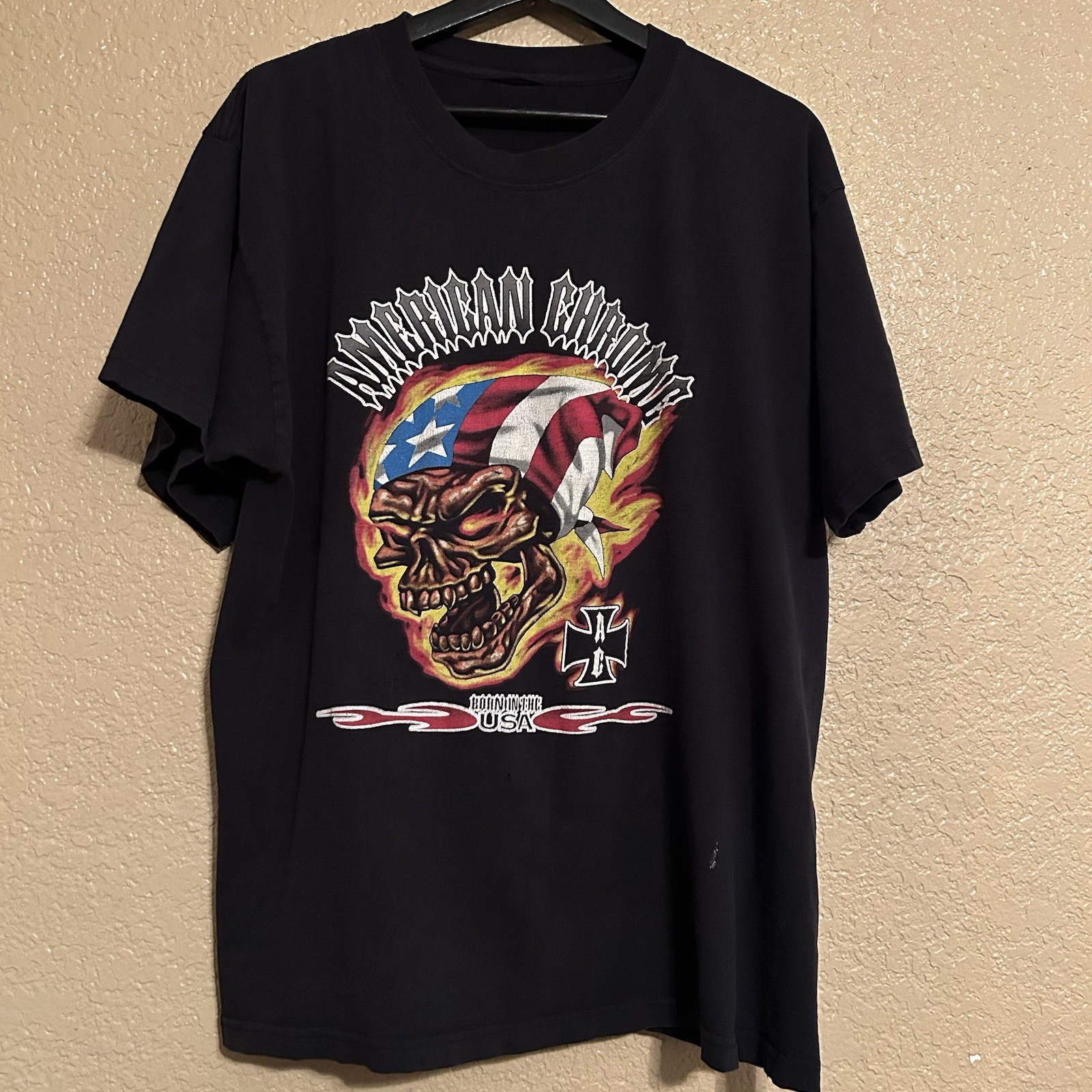 Vintage American Chrome Born In The USA Biker Motorcycle Graphic T-Shirt Size XL