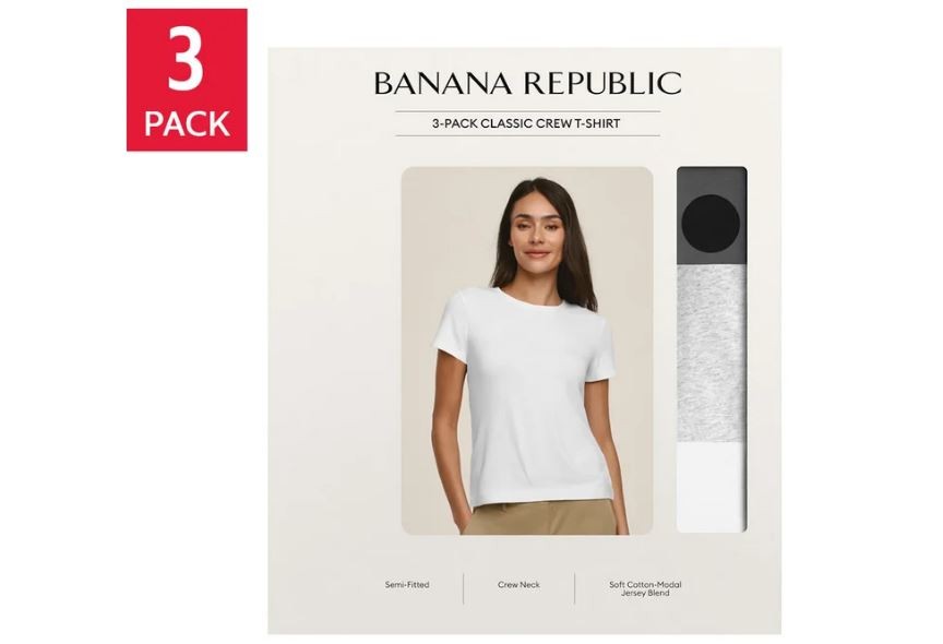 Banana Republic Women’s 3-Pack Classic Crew T-Shirt, White/Black/Gray, Large