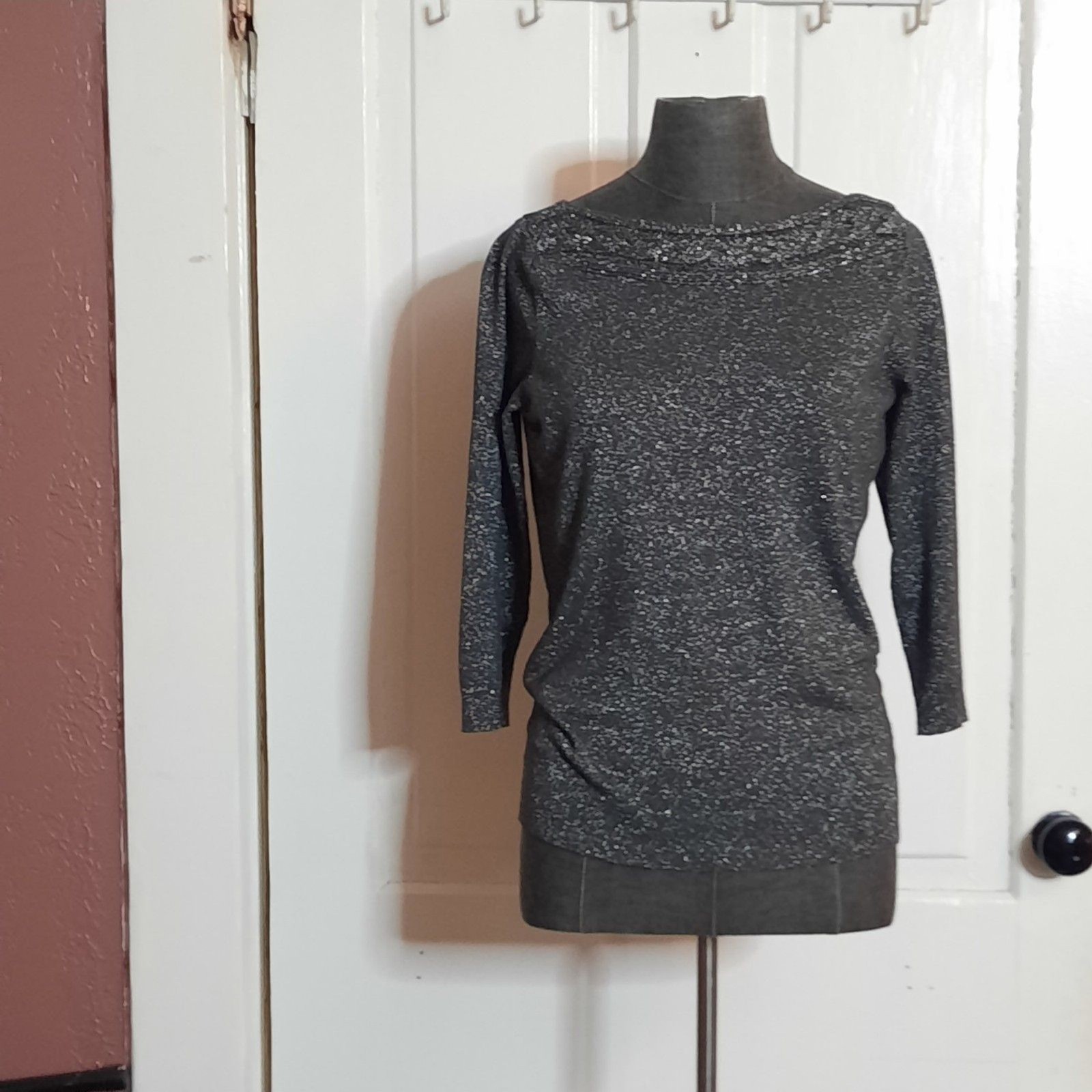 Worthington Metallic Lurex Black Silver Sparkle Knit Top Cable Yoke Detail, MED
