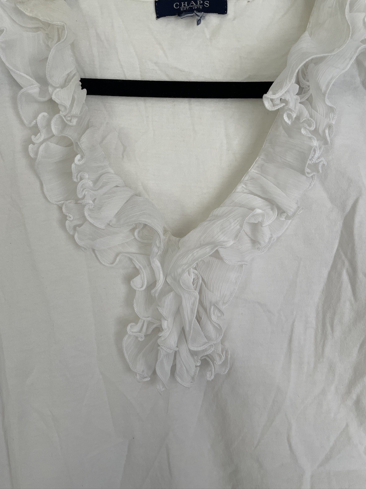 CHAPS Women Ruffle V Neck Long Sleeve Top White Cotton Knit Blouse Romantic Y2K