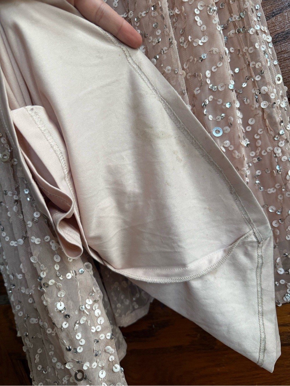ADRIANNA PAPELL Scoop Back Sequin Maxi Gown Short Sleeve Full Length Blush Nude