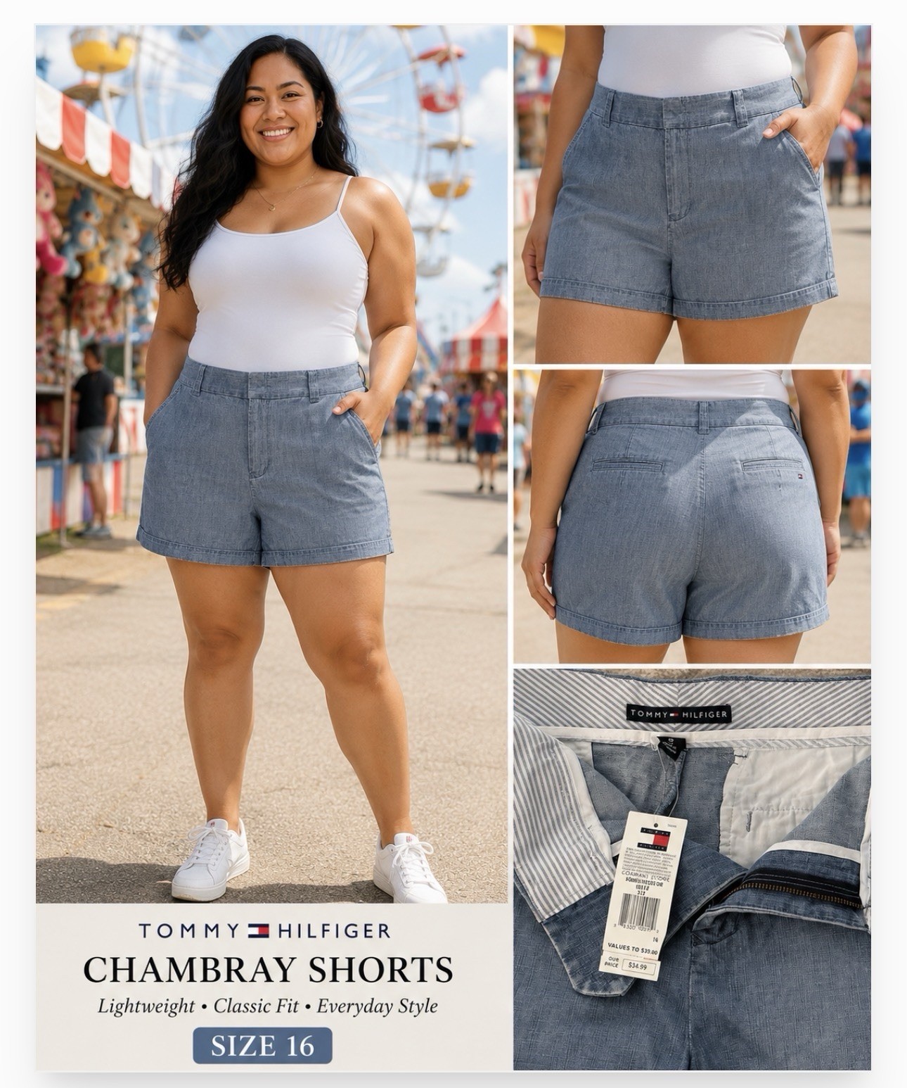 Tommy Hilfiger Women’s Blue Chambray Chino Shorts Size 16 Classic Fit Mid Rise