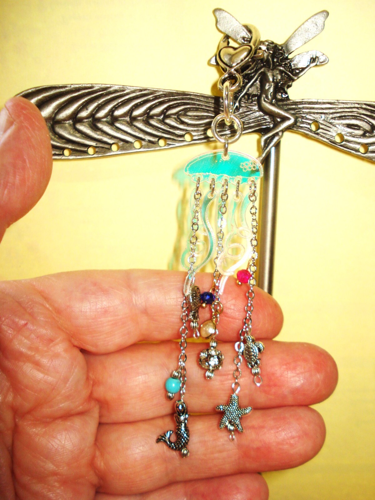 4 3/4″ Drop Plexie Jellyfish Oceanlife Purse Beach Bag Silver Heart Clasp Bling