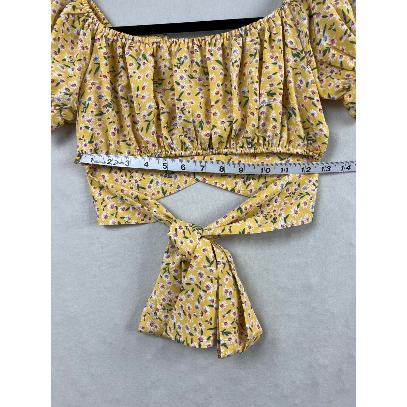 Lyaner Crop Top Women Size S Yellow Floral Puff Sleeve Tie Front Wrap Blouse
