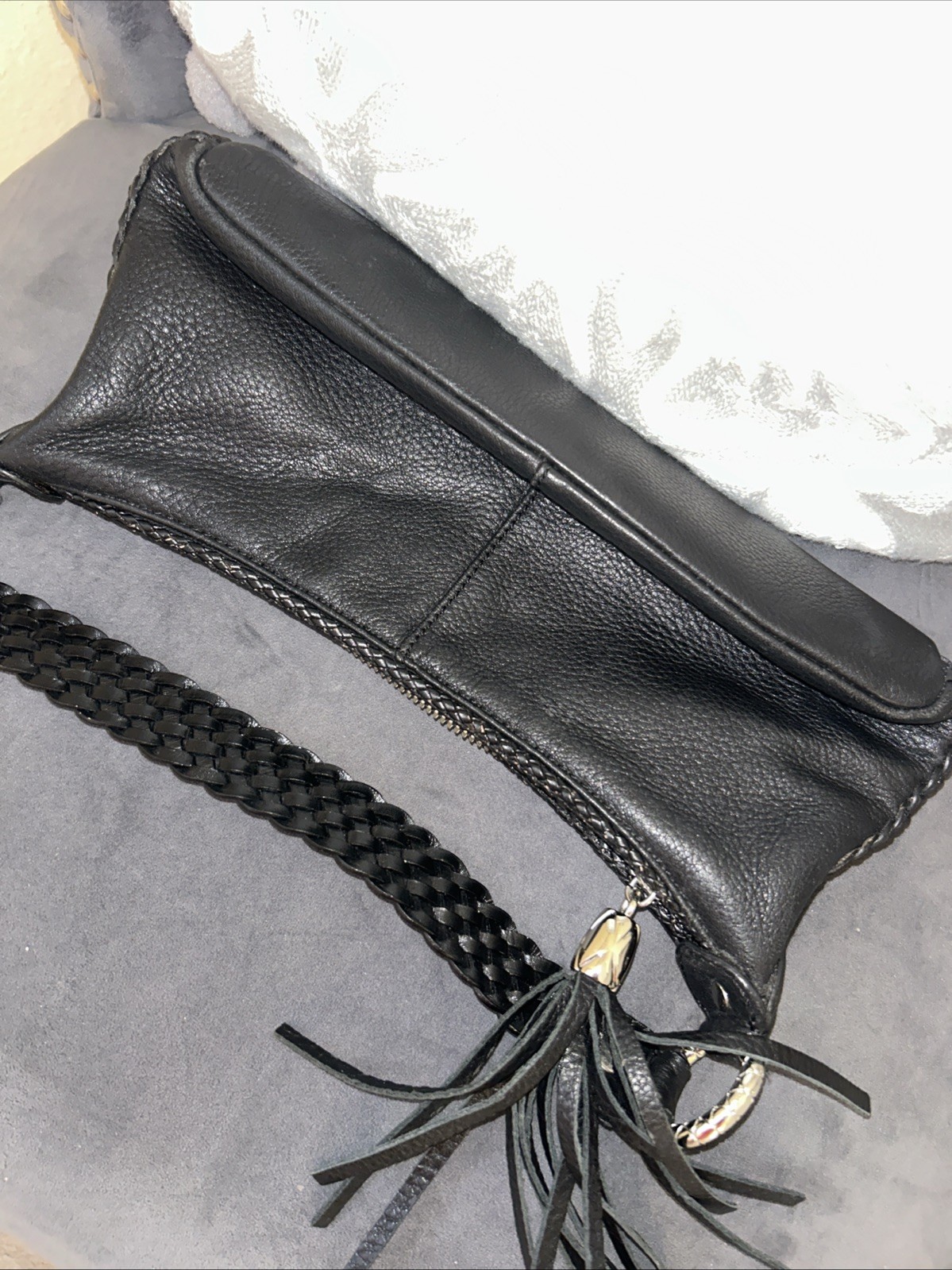 Elliott Lucca Black Pebbled Leather Braided Strap Tassel Baguette Bag PURSE