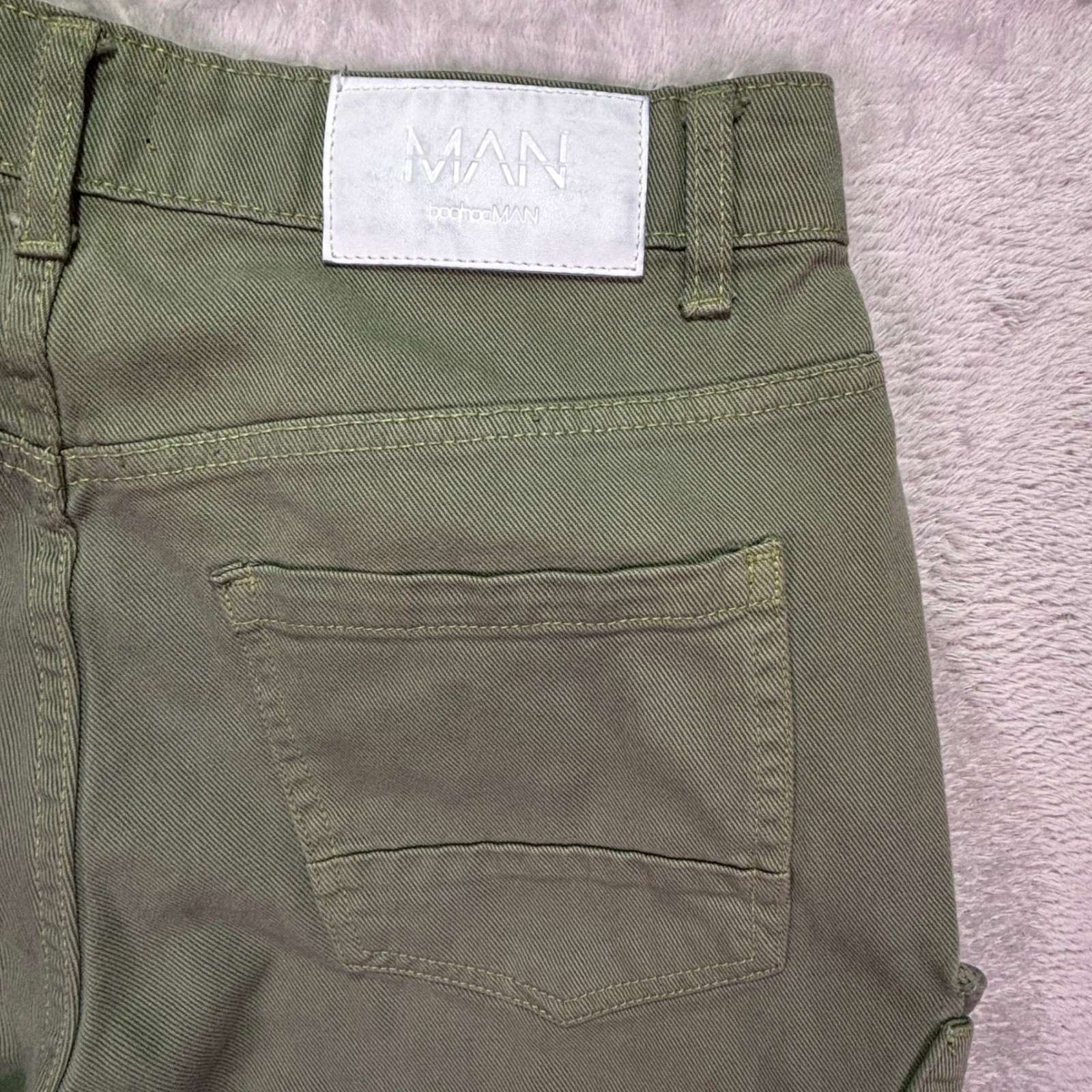 boohooMAN Mens Cargo Pants 32 Olive Green Cotton Utility Streetwear Button Fly