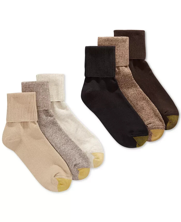 6 Pairs Gold Toe Casuals Women’s Turn Cuff Crew Socks Assorted Browns Size 6-9