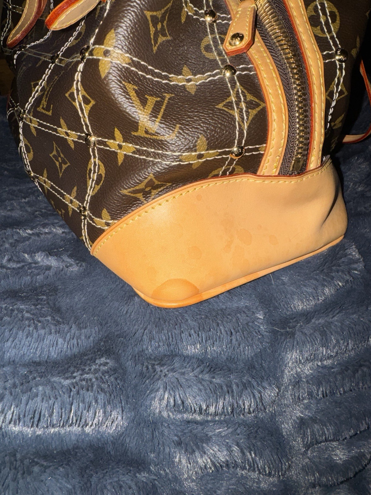 Louis Vuitton Monogram Denim Pleaty Shoulder Bag Brown Tan Trim Zip Dust Bag