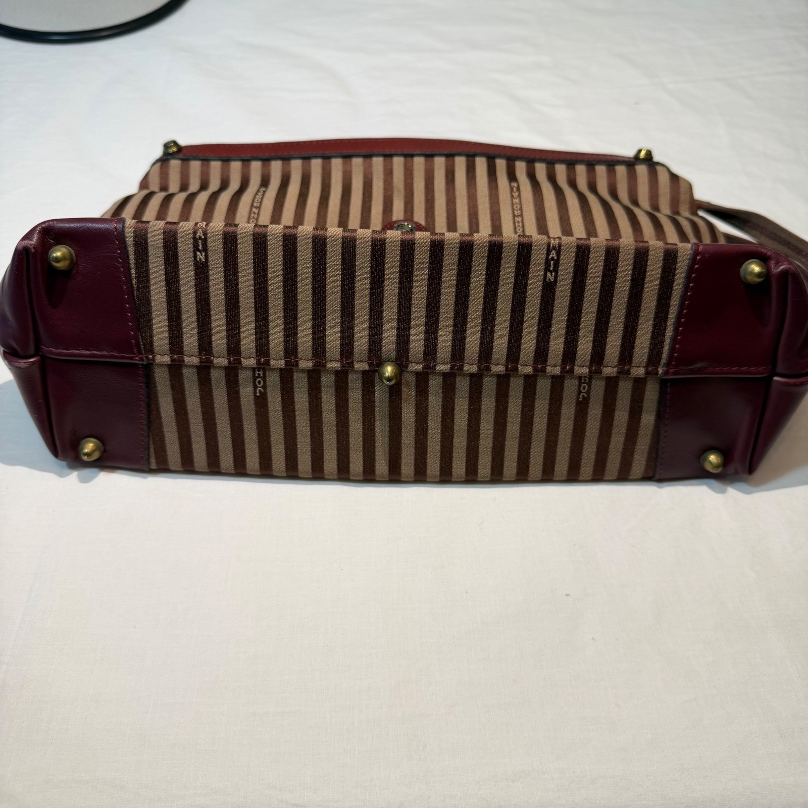 Vintage John Romain Striped Crossbody Bag Brown Burgundy Leather Trim Lion Crest
